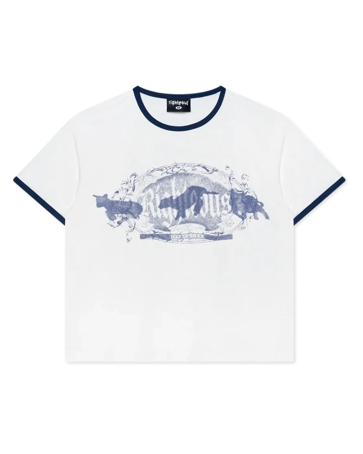 Righteous Holy Sacrifice Ringer Tee white, navy trim with blue illustrated scene across the chest, front view
