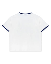 Righteous Holy Sacrifice Ringer Tee white, plain back with navy ringer trim, back view