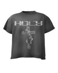Righteous Holy Tee black, boxy tee with distressed HOLY wooden-cross graphic, front view