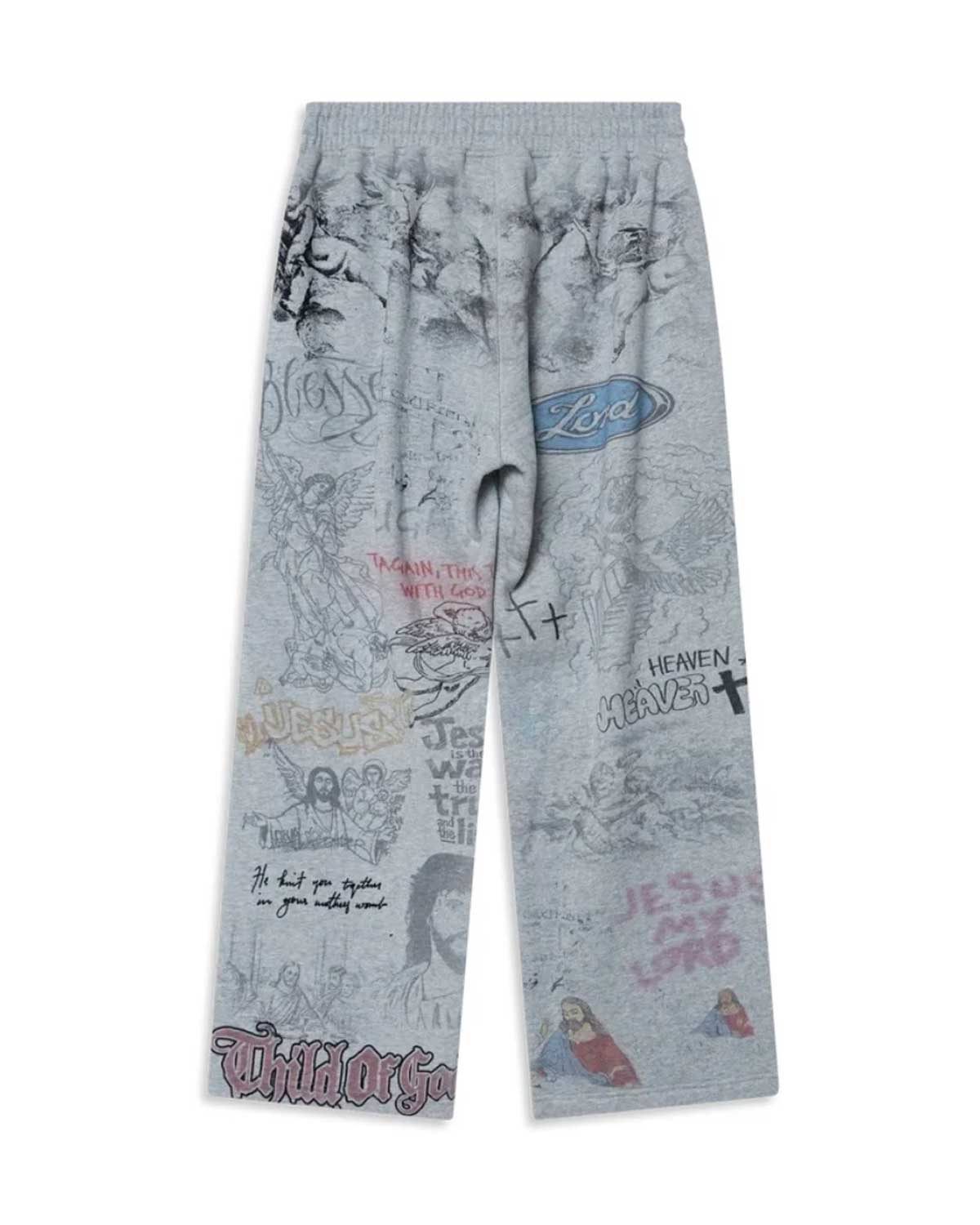 Righteous Jesus My Lord sweatpants grey, back view with sketch graphics