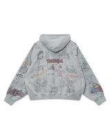 Righteous Jesus My Lord zip up hoodie grey, back view with all-over sketch graphics