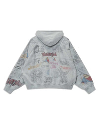 Righteous Jesus My Lord zip up hoodie grey, back view with all-over sketch graphics