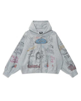 Righteous Jesus My Lord zip up hoodie grey, front view with scribble sketch graphics and cloud motif