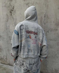 Model wearing Righteous Jesus My Lord grey zip up hoodie with hood up, back view
