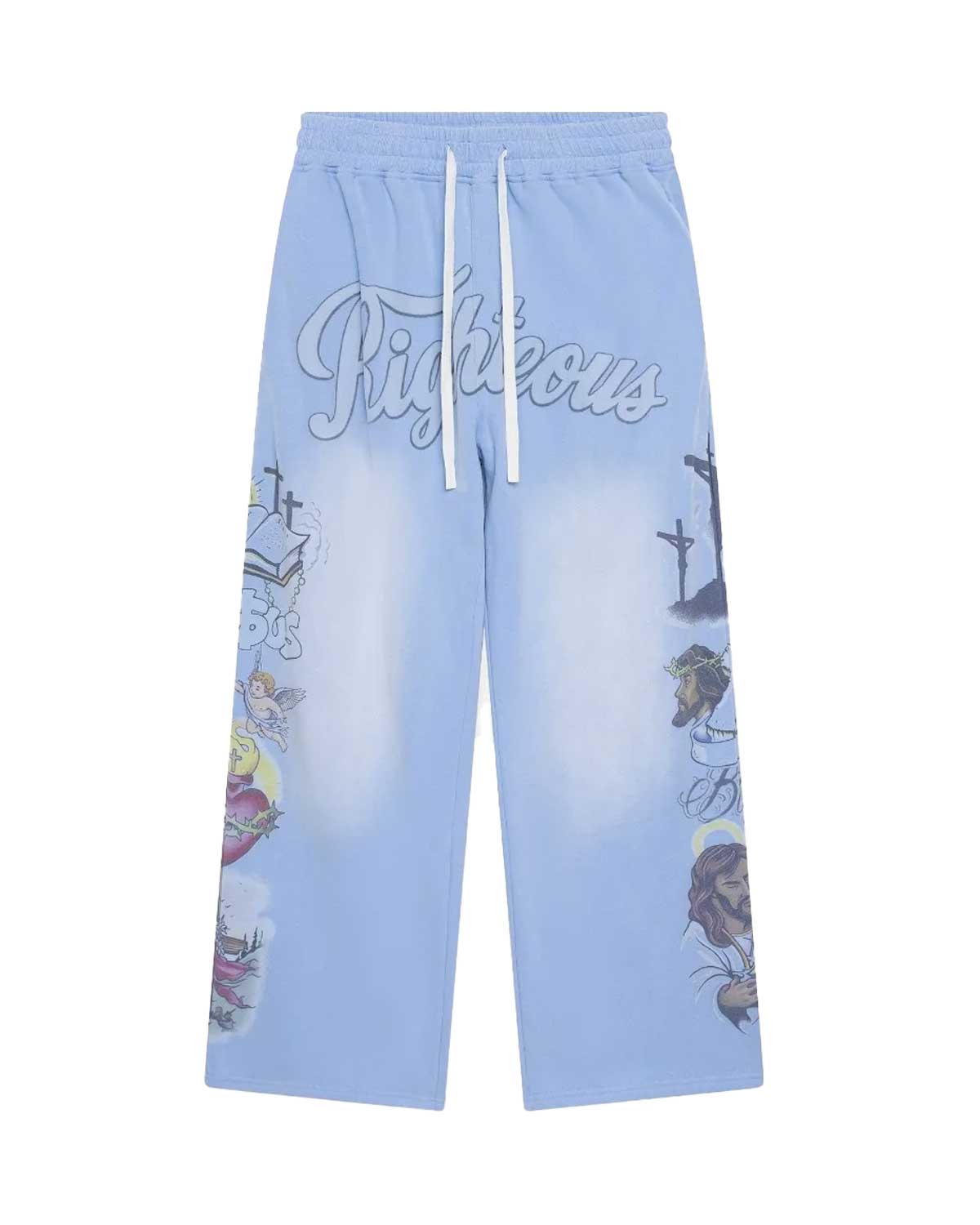 Righteous Jesus sweatpants blue, front view with script lettering and religious icon leg graphics