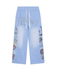 Righteous Jesus sweatpants blue, front view with script lettering and religious icon leg graphics