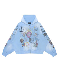 Righteous Jesus zip up hoodie blue, front view with sacred heart, cross and icon graphics