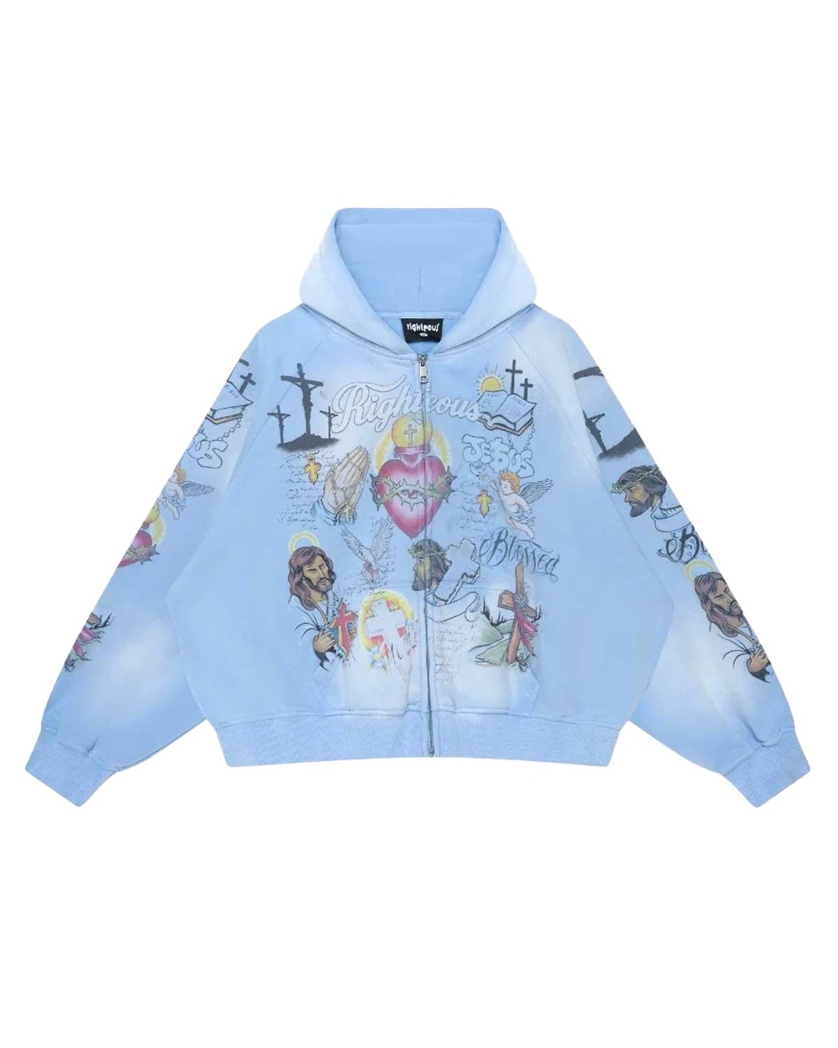 Righteous Jesus zip up hoodie blue, front view with sacred heart, cross and icon graphics
