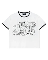 Righteous My Salvation Ringer Tee white, black trim with ornate black-and-white lettering on the chest, front view