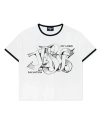 Righteous My Salvation Ringer Tee white, black trim with ornate black-and-white lettering on the chest, front view