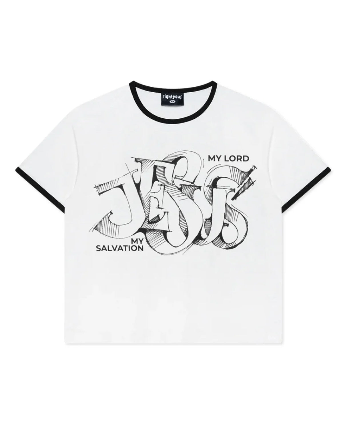Righteous My Salvation Ringer Tee white, black trim with ornate black-and-white lettering on the chest, front view