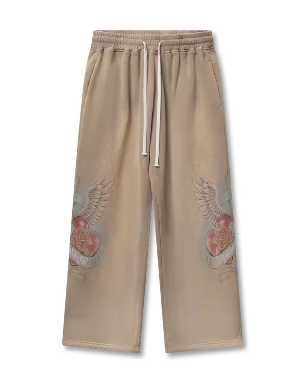 Righteous Sacred Heart sweatpants brown, front view with winged sacred heart leg graphics and drawstring