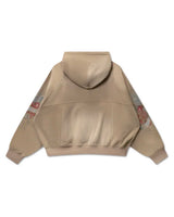 Righteous Sacred Heart zip up hoodie brown, back view with hood and sleeve graphics