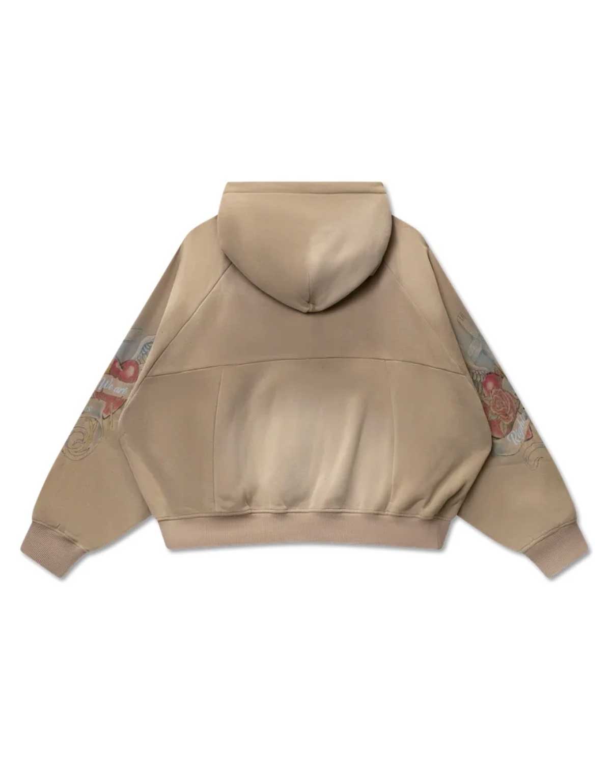 Righteous Sacred Heart zip up hoodie brown, back view with hood and sleeve graphics