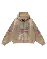 Righteous Sacred Heart zip up hoodie brown, front view with winged sacred heart sleeve graphics