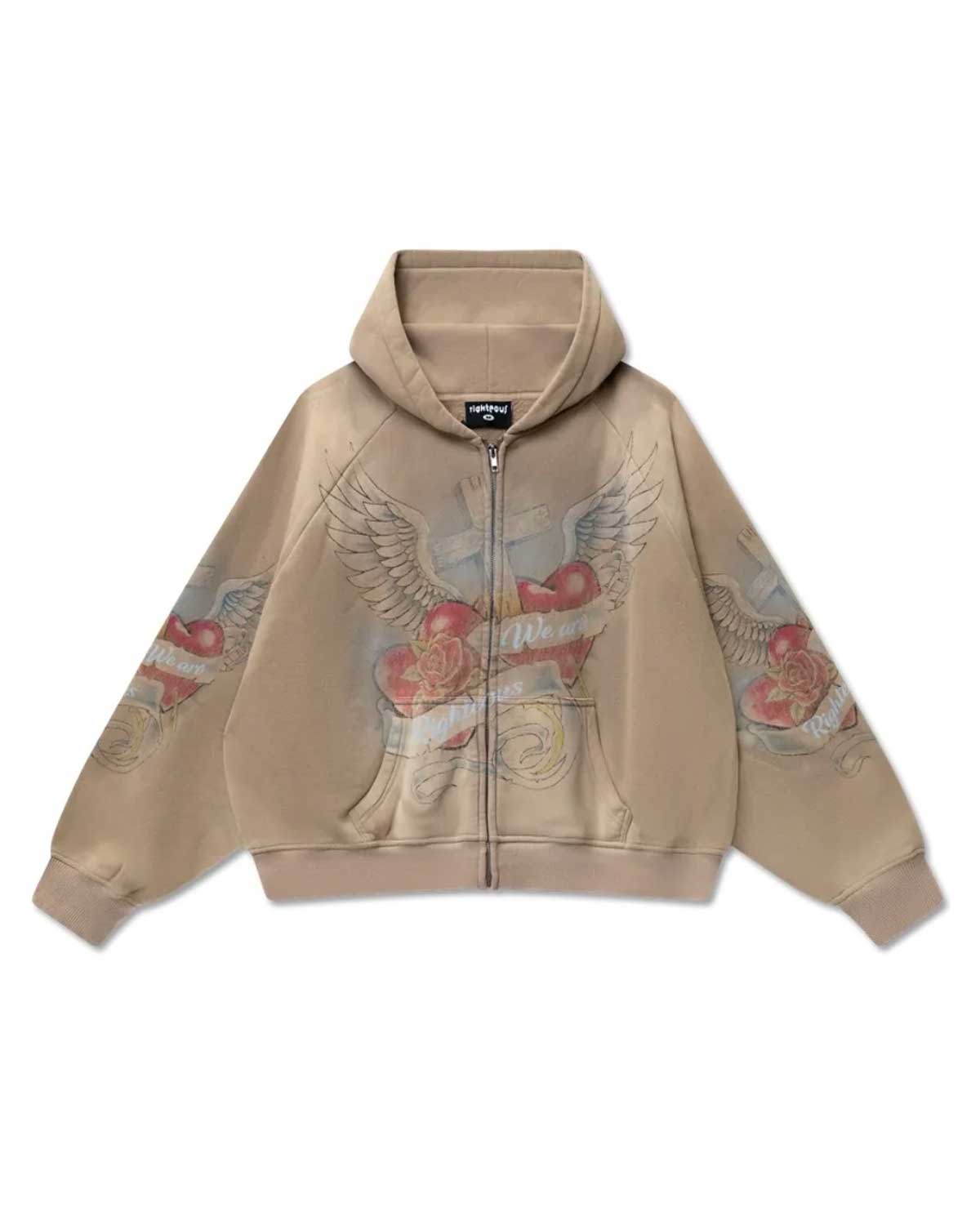 Righteous Sacred Heart zip up hoodie brown, front view with winged sacred heart sleeve graphics