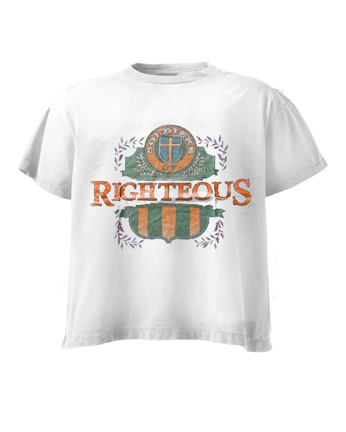 Righteous Soldiers Of Righteous Tee white, boxy tee with vintage laurel crest graphic, front view
