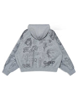 Righteous Stencil Zip Up Hoodie grey, back view with allover stencil graffiti graphics and God lettering