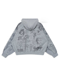 Righteous Stencil Zip Up Hoodie grey, back view with allover stencil graffiti graphics and God lettering