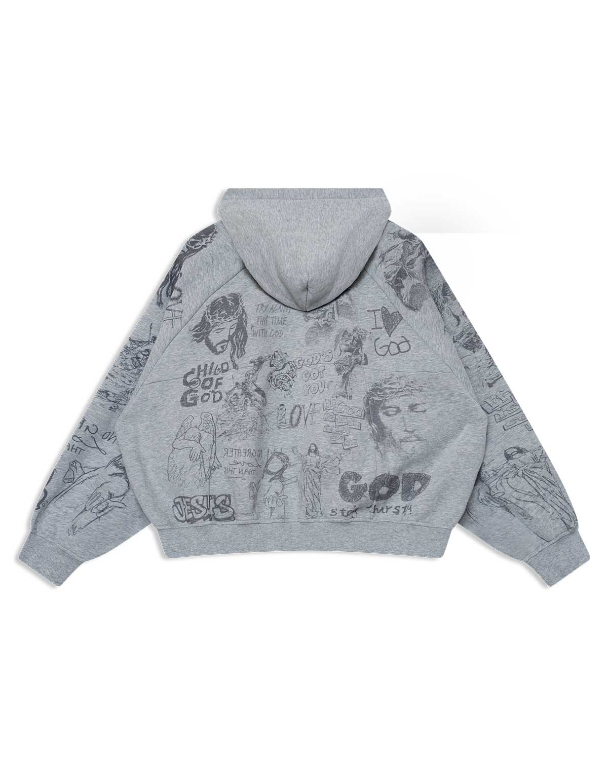 Righteous Stencil Zip Up Hoodie grey, back view with allover stencil graffiti graphics and God lettering