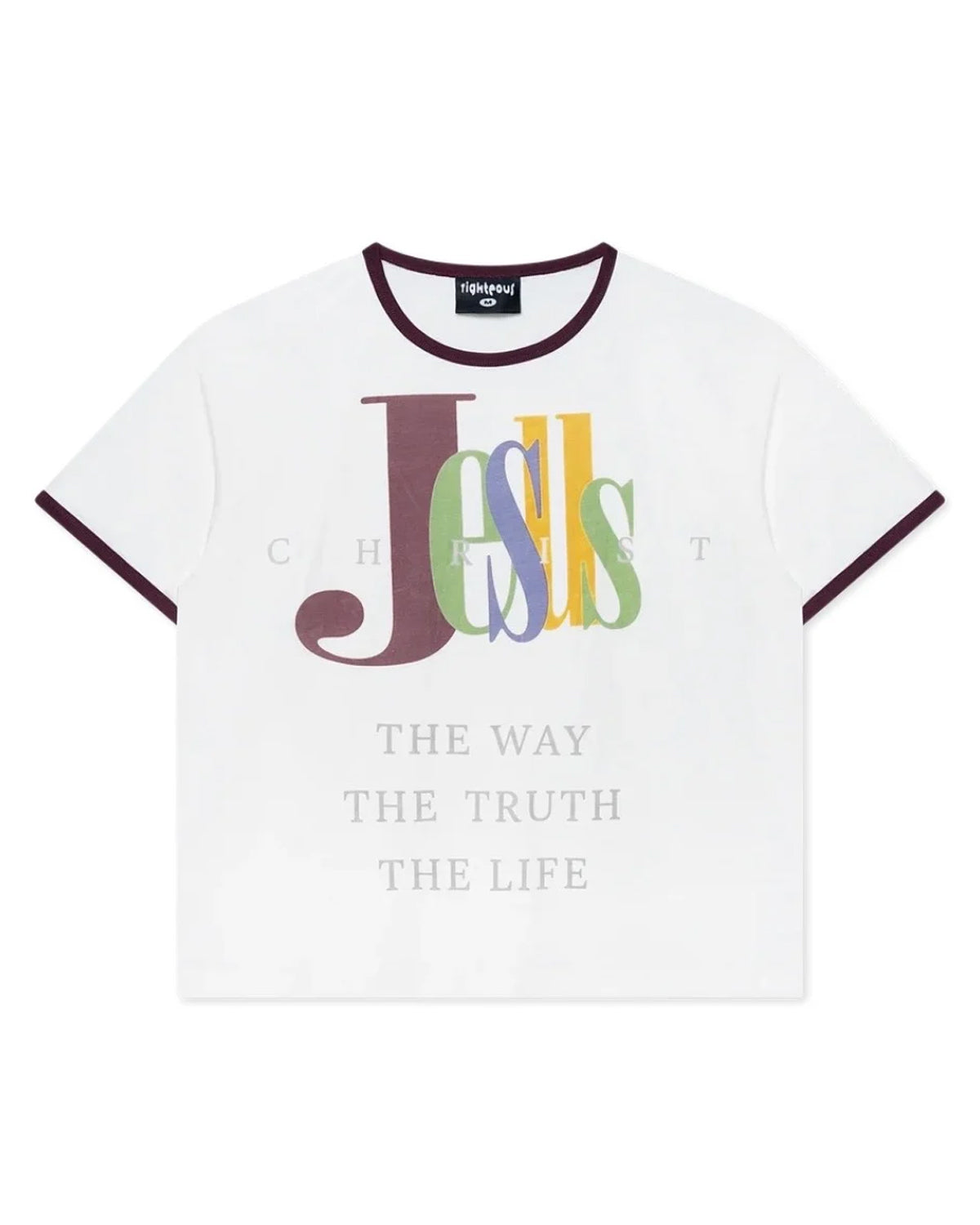 Righteous The Truth Ringer Tee white, multicolor Jesus lettering over The Way The Truth The Life, front view