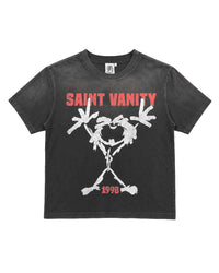 Saint Vanity 1998 Tee black, faded black tee with a white stick-figure character graphic and red Saint Vanity 1998 lettering, front view