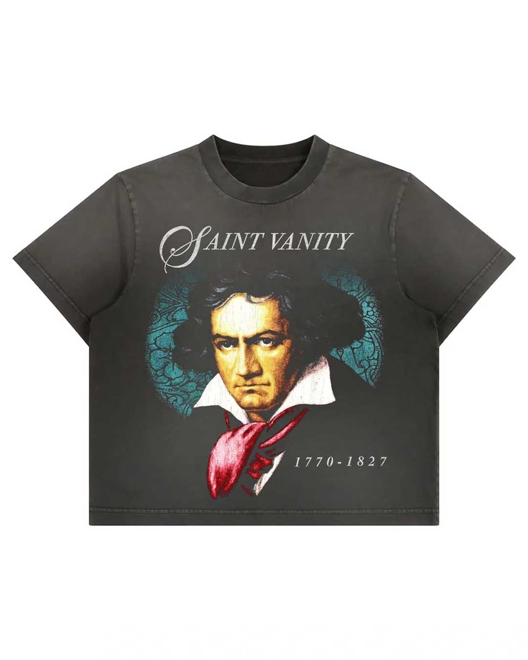 Saint Vanity Beethoven Tee black, faded black tee with a classical composer portrait graphic and Saint Vanity script, front view