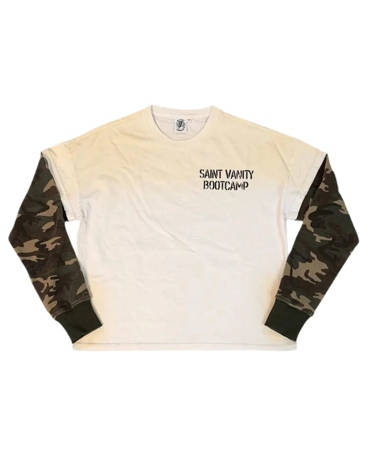 Saint Vanity Boot Camp Thermal long sleeve camo, bone body with woodland camo sleeves and black stencil chest print, front view