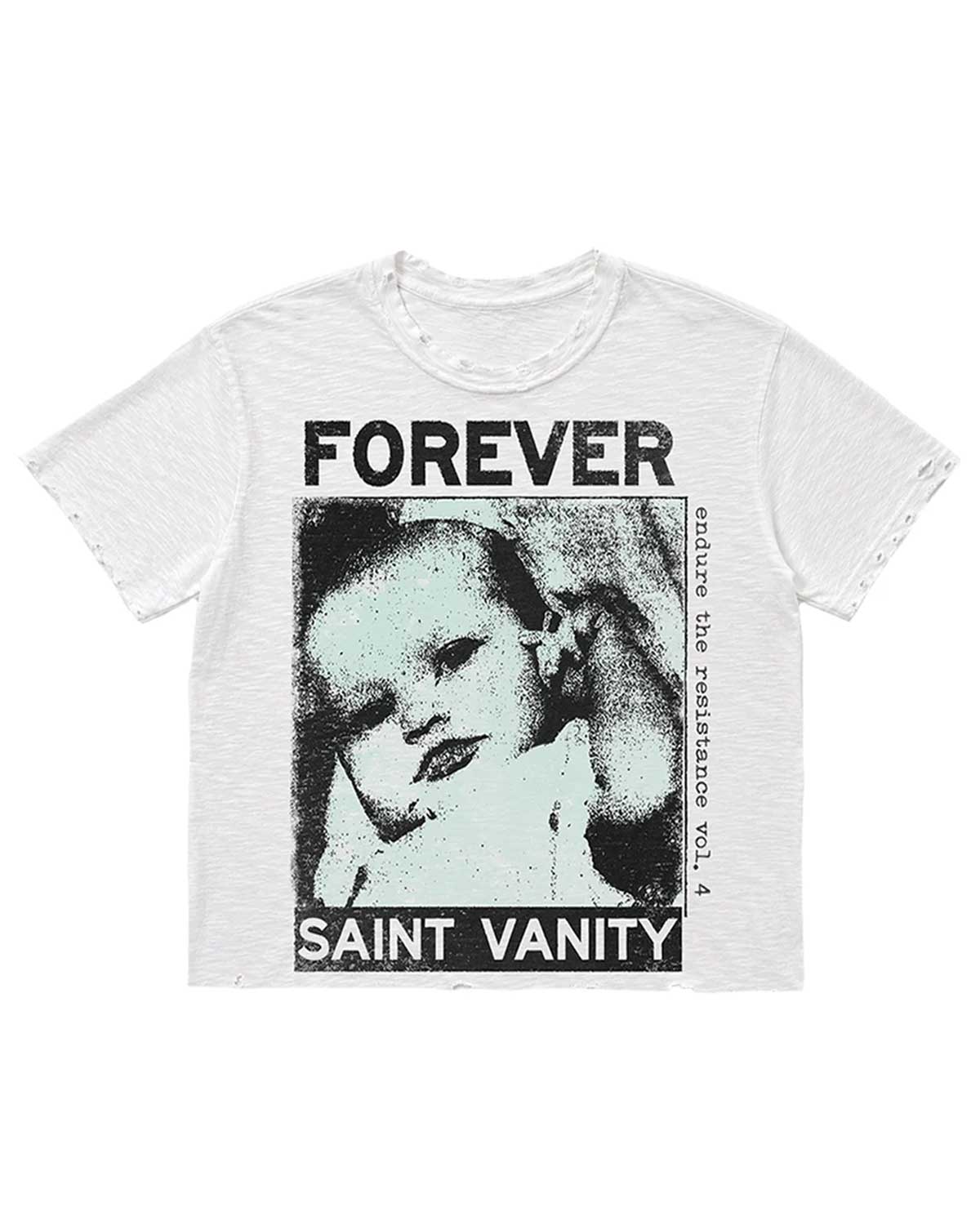 Saint Vanity Born Again Tee white, distressed cotton tee with a grunge halftone baby photo and FOREVER Saint Vanity lettering, front view