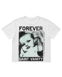 Saint Vanity Born Again Tee white, distressed cotton tee with a grunge halftone baby photo and FOREVER Saint Vanity lettering, front view