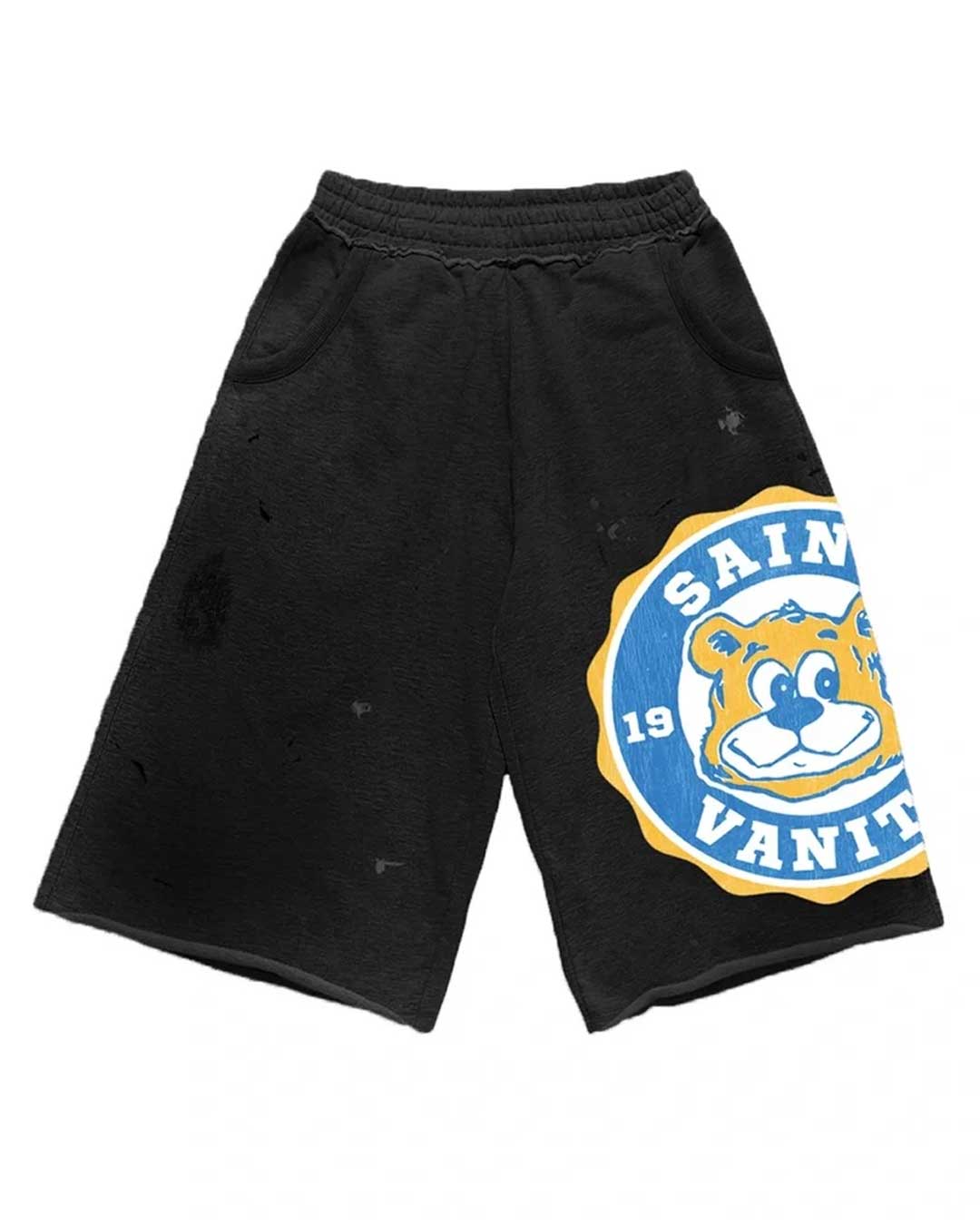 Saint Vanity Bruin Long Shorts black, long shorts with a blue and yellow Saint Vanity 1930 bear crest on one leg, front view