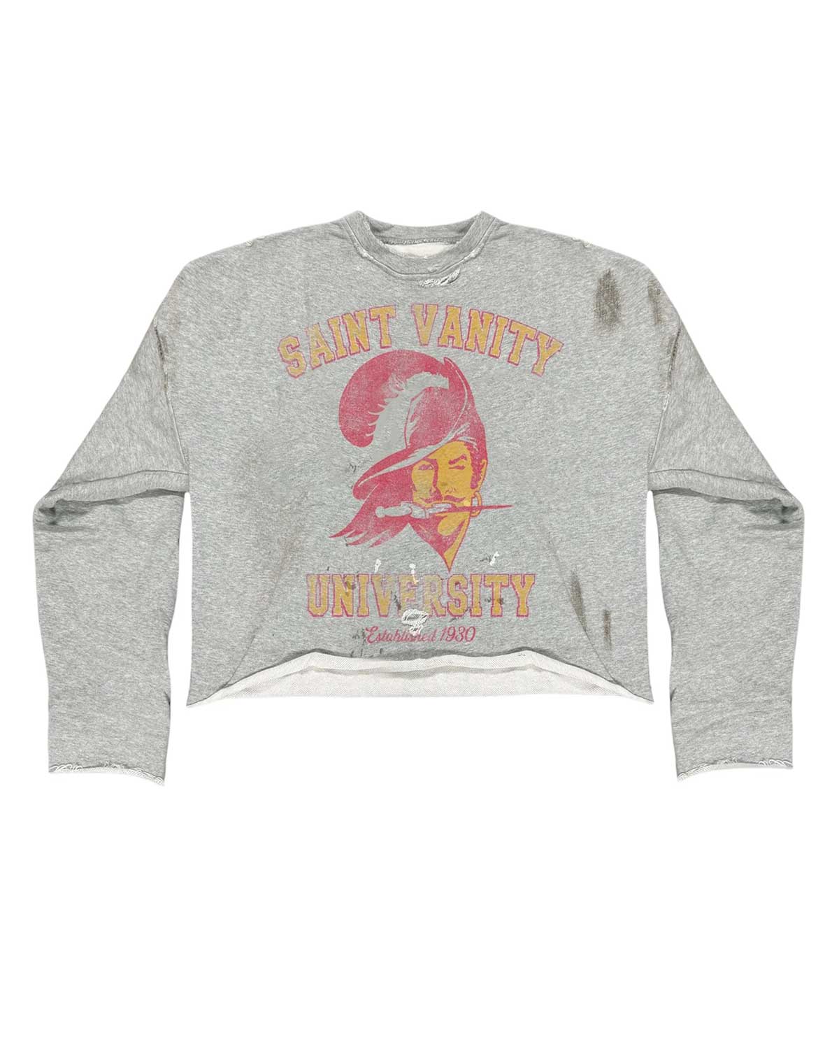 Saint Vanity Bucs Crewneck Grey, heather grey distressed crewneck with a red buccaneer mascot and SAINT VANITY UNIVERSITY lettering, front view