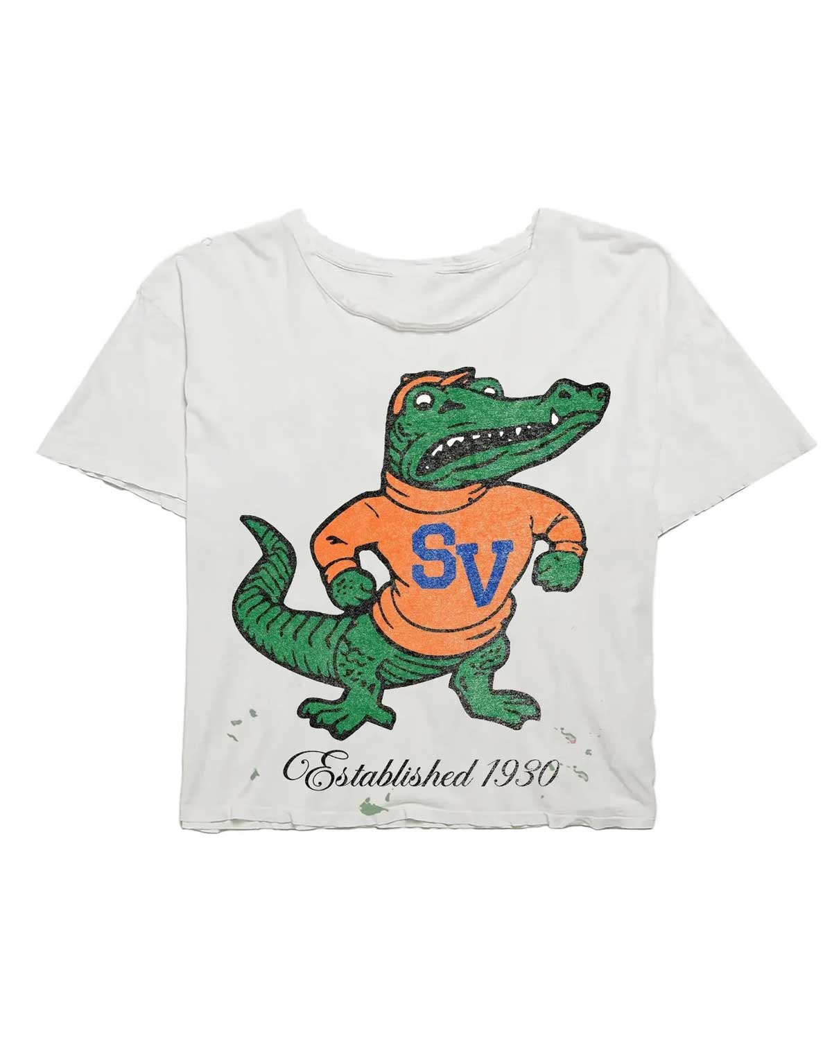 Saint Vanity Gator Tee white, vintage-washed cotton tee with a cartoon gator mascot in an orange SV jersey, front view