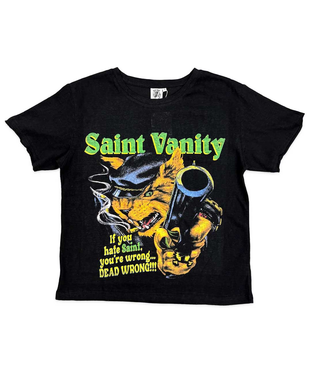 Saint Vanity Hate Saint Tee black, tee with a yellow cartoon cat graphic, green Saint Vanity lettering and If You Hate Saint text, front view