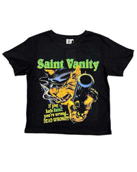 Saint Vanity Hate Saint Tee black, tee with a yellow cartoon cat graphic, green Saint Vanity lettering and If You Hate Saint text, front view