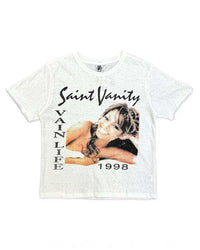 Saint Vanity Janet Tee cream, tee with a 90s pop-icon portrait graphic and Saint Vanity Vain Life 1998 lettering, front view