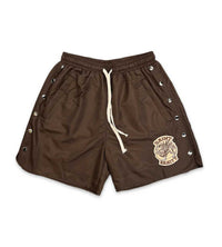 Saint Vanity Nylon Logo Button Shorts Brown front