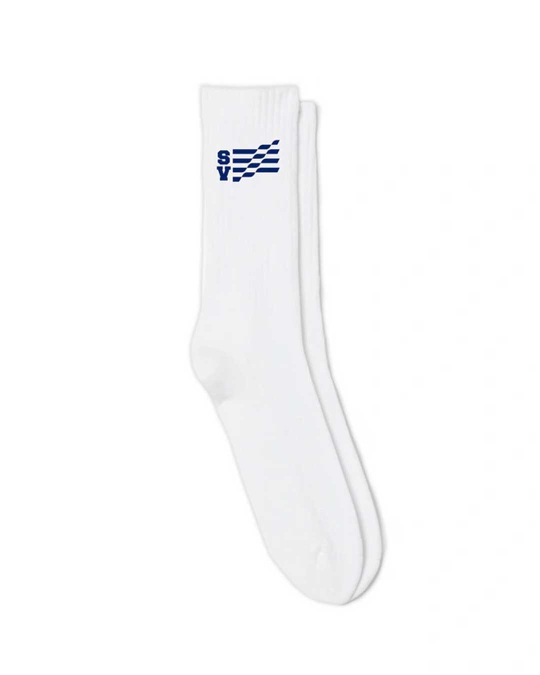 Saint Vanity SV Flag Socks white/blue, white ribbed crew socks with a navy SV flag logo at the ankle