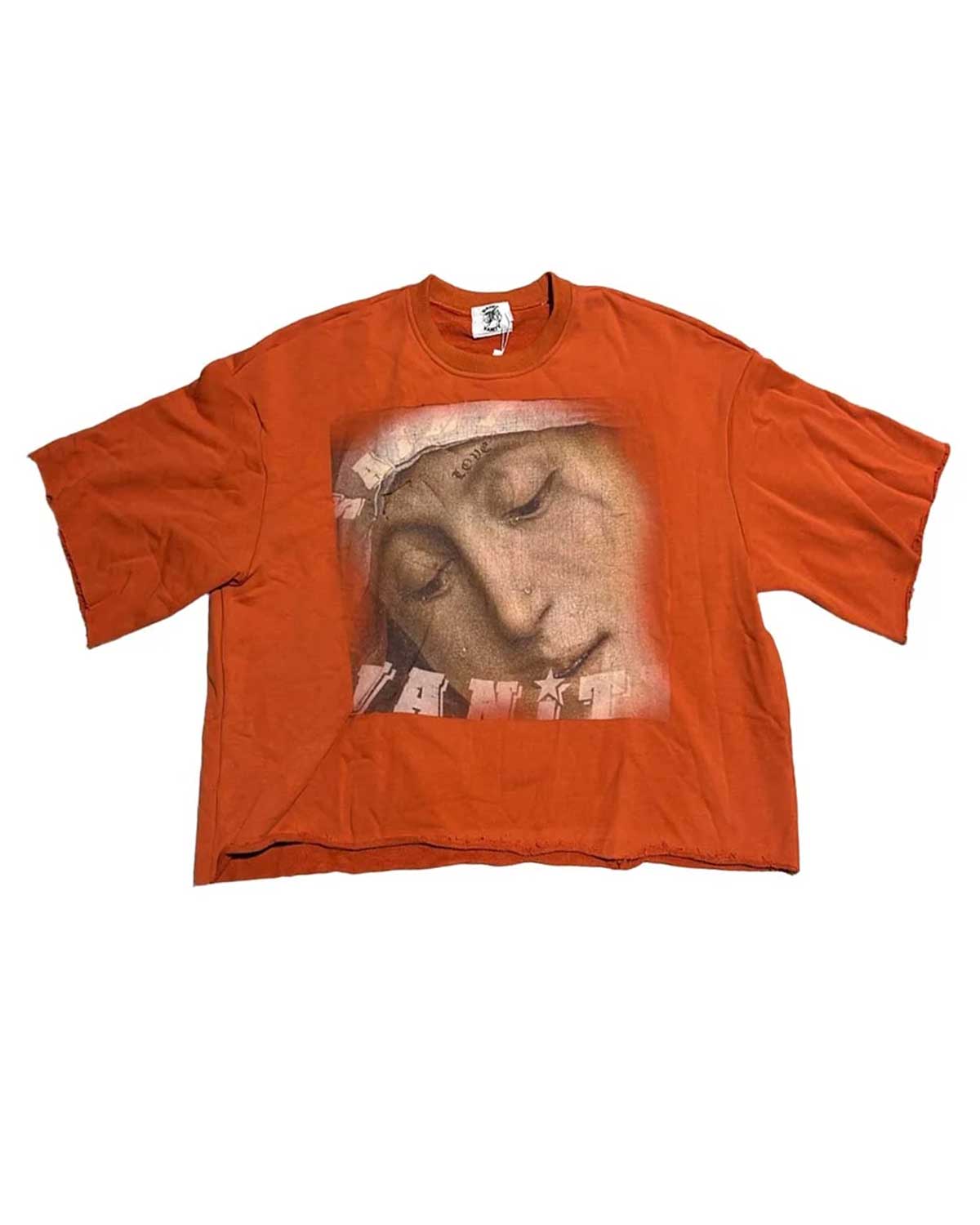 Saint Vanity Saint Love Crewneck Tee Orange, washed orange tee with a Renaissance Madonna portrait print, front view