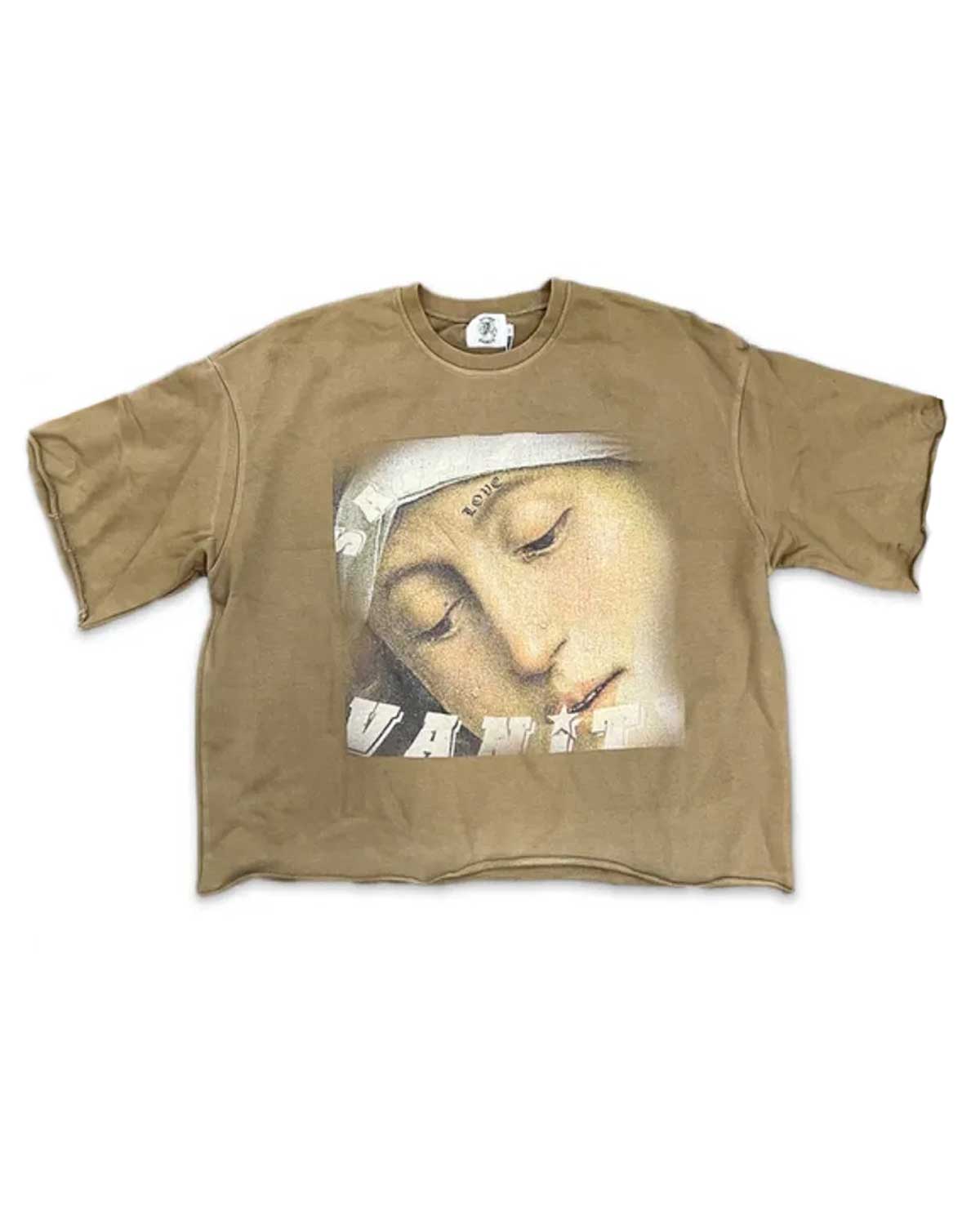 Saint Vanity Saint Love Crewneck Tee Tan, washed tan tee with a Renaissance Madonna portrait print, front view