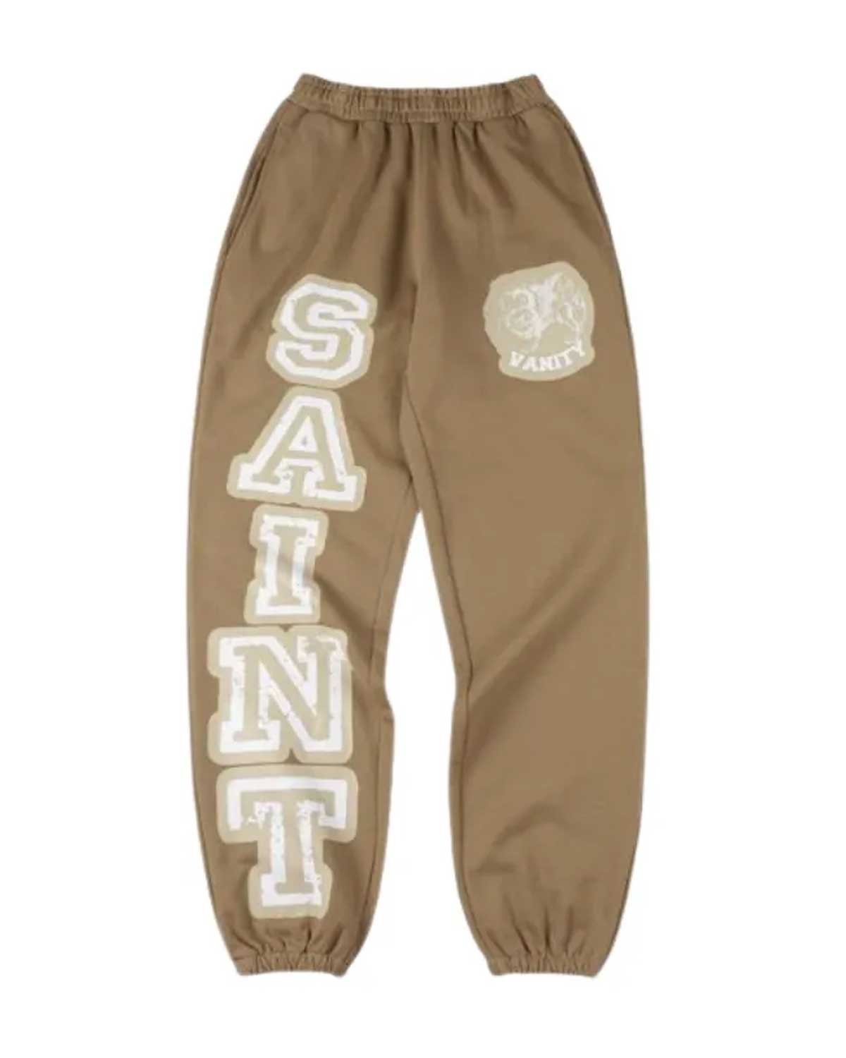 Saint Vanity Saint Love Sweatpants Tan, tan fleece joggers with cream SAINT letters down the leg, front view