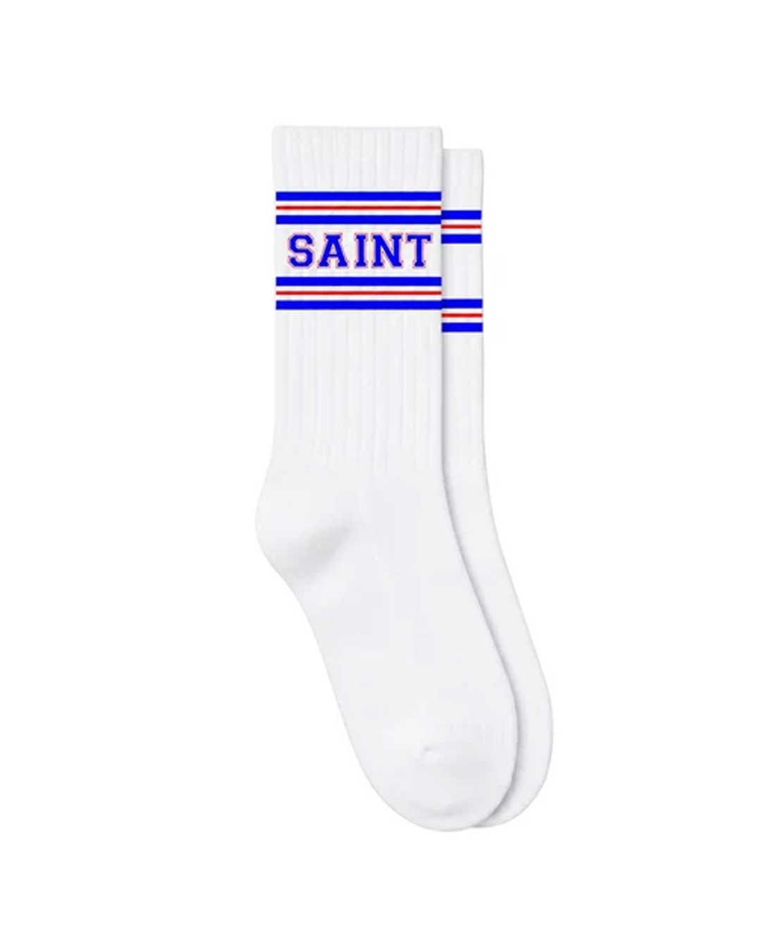 Saint Vanity Saint Socks 2.0 Knicks blue/orange, white ribbed crew socks with blue SAINT lettering and blue and orange varsity stripes
