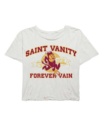 Saint Vanity Sun Devil Tee white, vintage-washed cotton tee with a collegiate maroon-and-gold Sun Devil mascot and Forever Vain text, front view