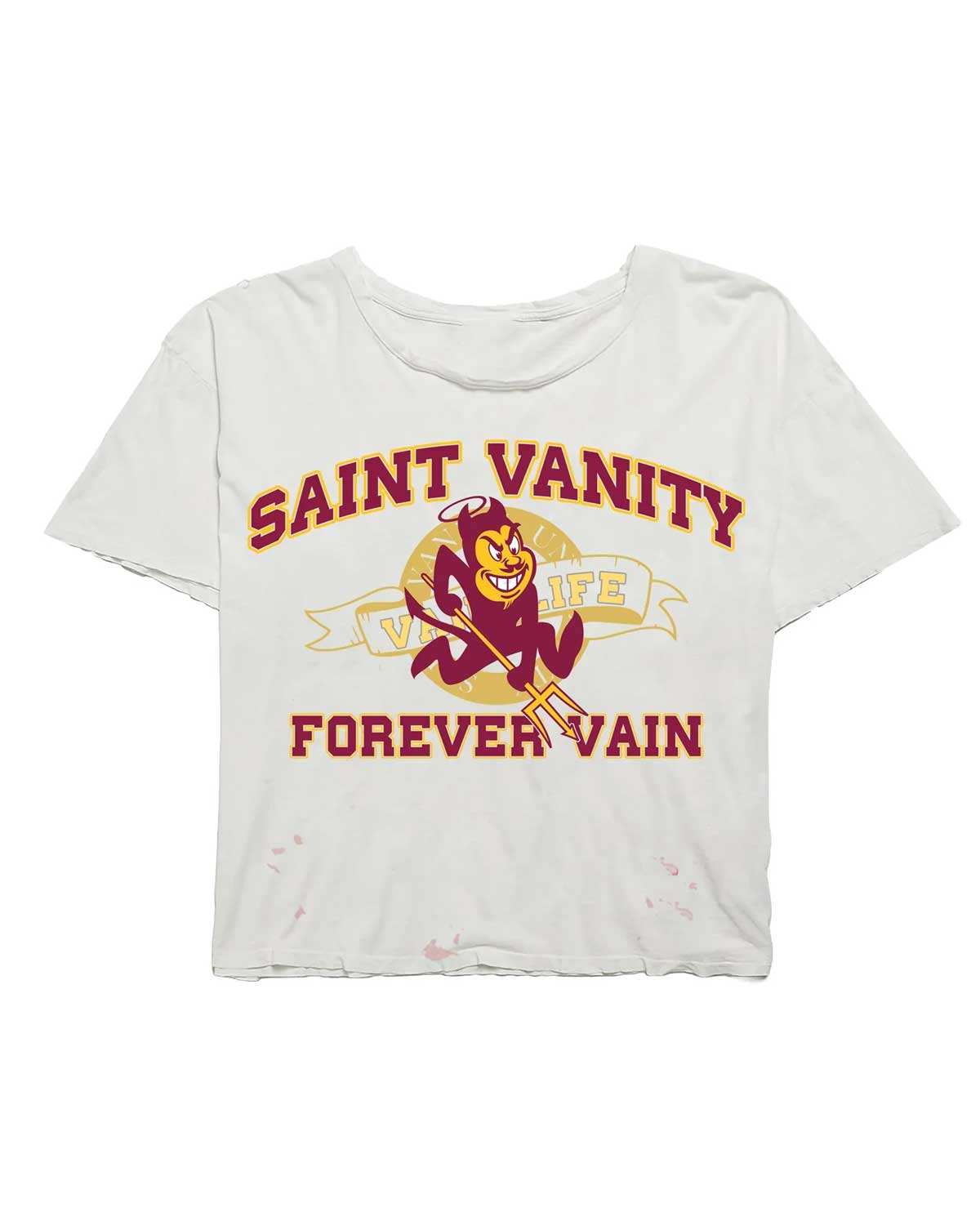 Saint Vanity Sun Devil Tee white, vintage-washed cotton tee with a collegiate maroon-and-gold Sun Devil mascot and Forever Vain text, front view