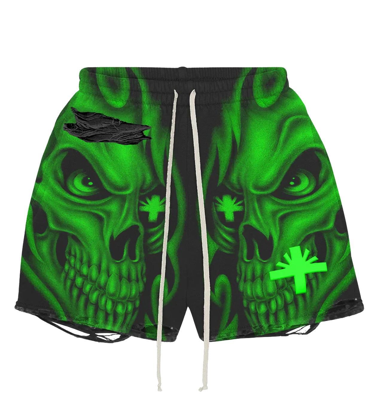 Vertabrae Skull Storm Distressed Shorts Black/Green