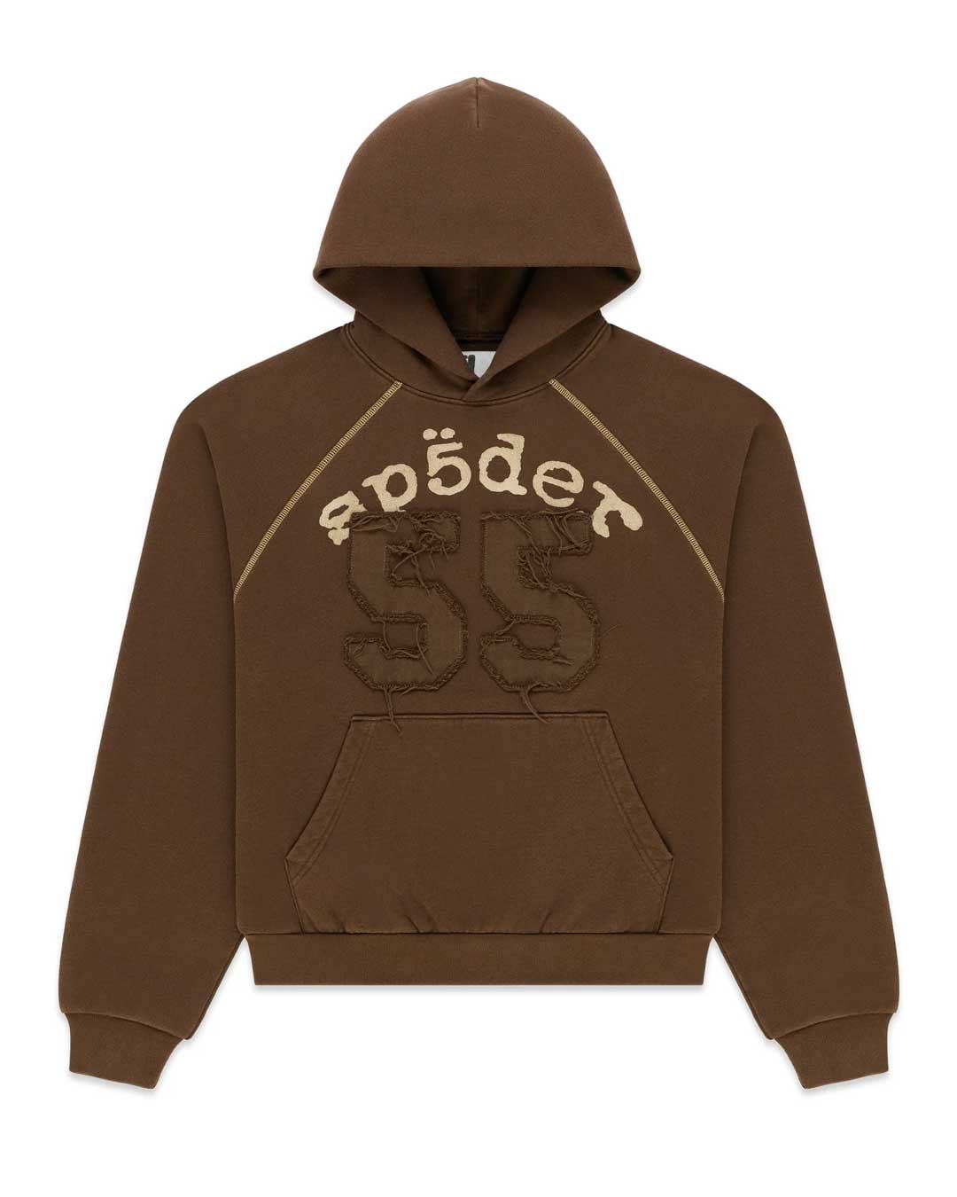 Sp5der 55 University Hoodie brown, fleece hoodie with cream Sp5der lettering and tonal 55 appliqué, front view