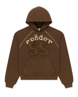 Sp5der 55 University Hoodie brown, fleece hoodie with cream Sp5der lettering and tonal 55 appliqué, front view