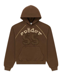 Sp5der 55 University Hoodie brown, fleece hoodie with cream Sp5der lettering and tonal 55 appliqué, front view