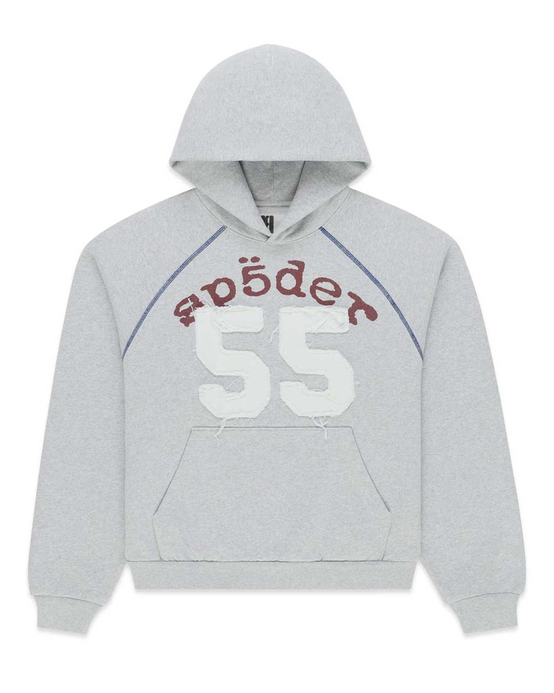 Sp5der 55 University Hoodie heather grey, fleece hoodie with burgundy Sp5der lettering and white 55 appliqué, front view