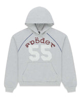 Sp5der 55 University Hoodie heather grey, fleece hoodie with burgundy Sp5der lettering and white 55 appliqué, front view